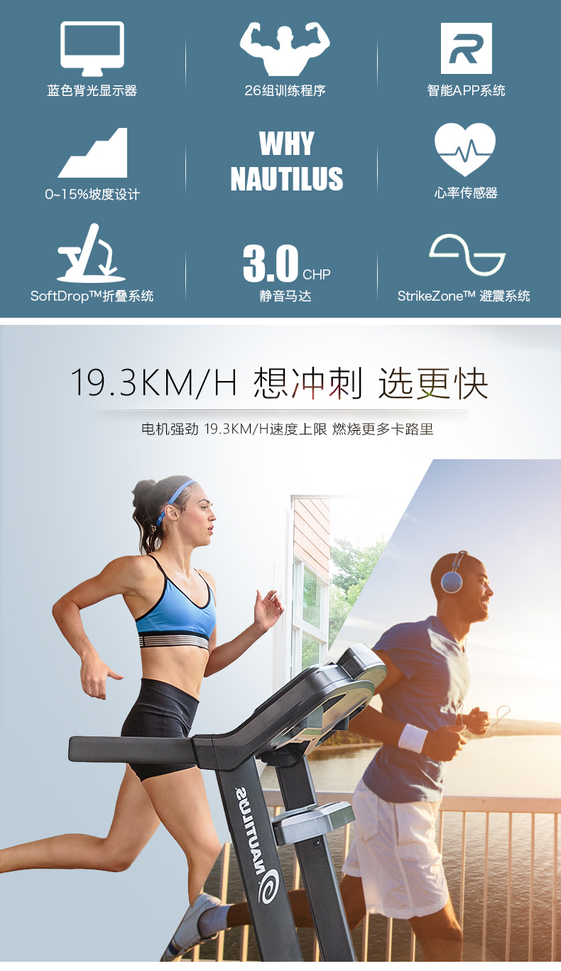 美国Nautilus诺德士跑步机家用款小型高端静音电动折叠健身房专用(图6)