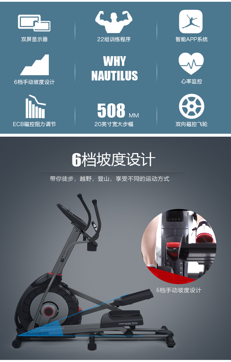 美国Schwinn十字星椭圆仪健身房商用太空漫步机椭圆机家用健身(图6)