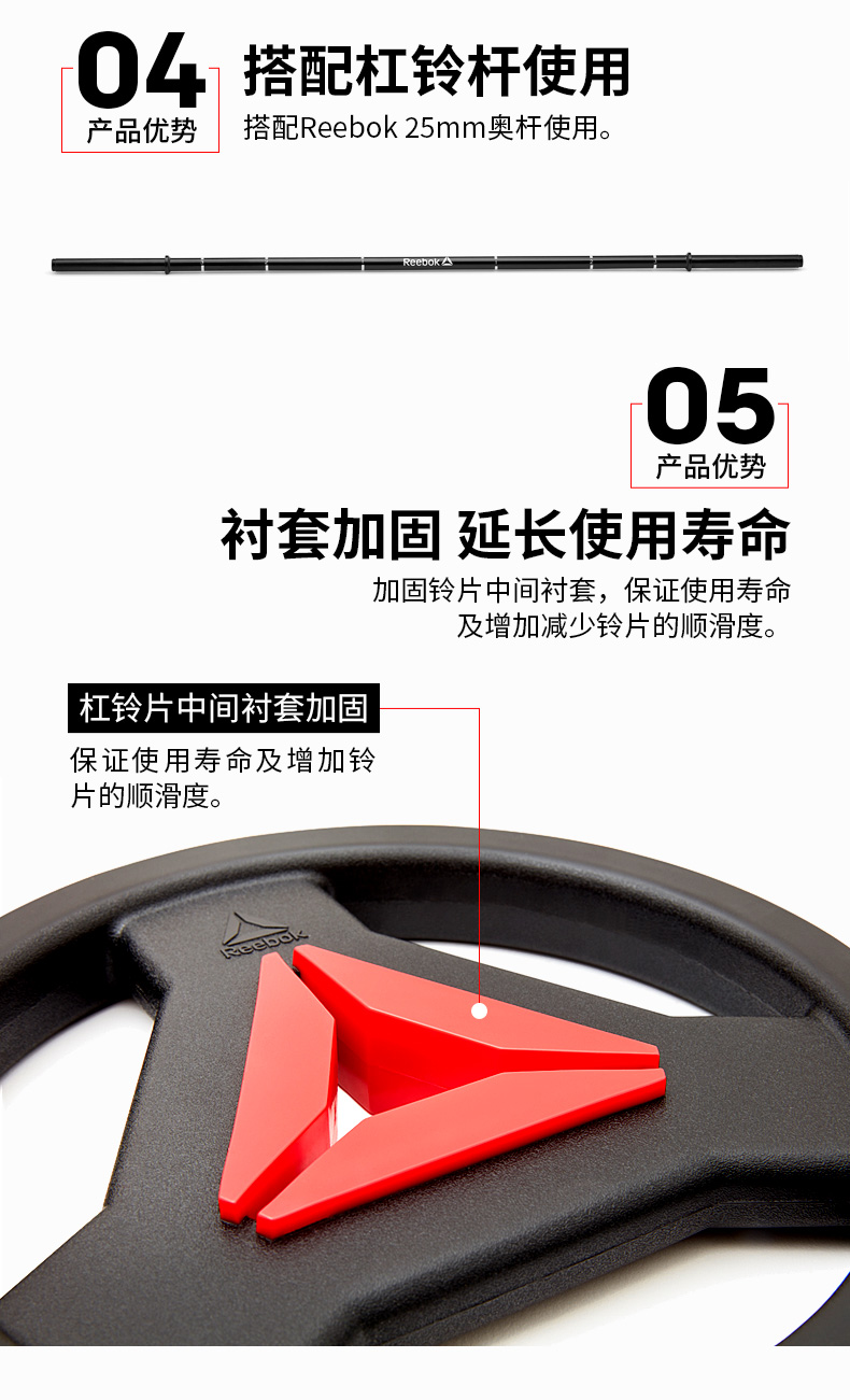 Reebok锐步杠铃杠家用健身器材包胶杠铃片男士举重配重20KG套装RSWT-16091(图5)